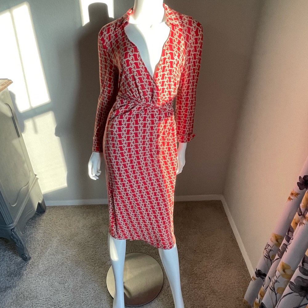 Bebe Red and Tan Sheath Dress with Plunge Neckline